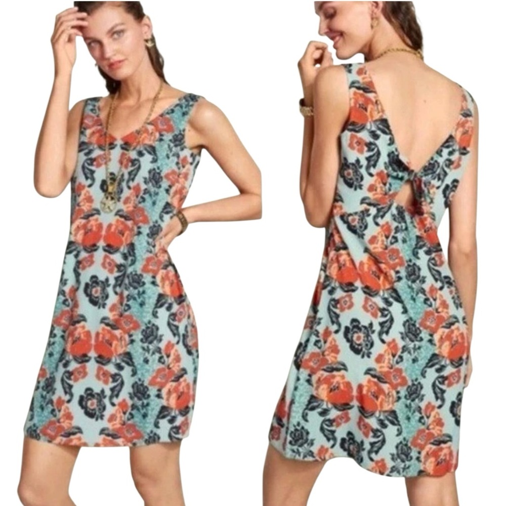 EUC CAbi “Maya” Tropical Sleeveless Back-Tie Floral Dress in Coral & Aqua (B)